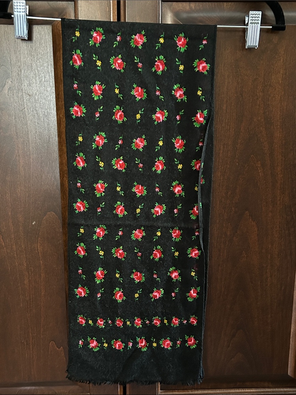 Cotton Raw Hem Black Floral Print Hair Scarf - Red Rose Pattern 9 x 48